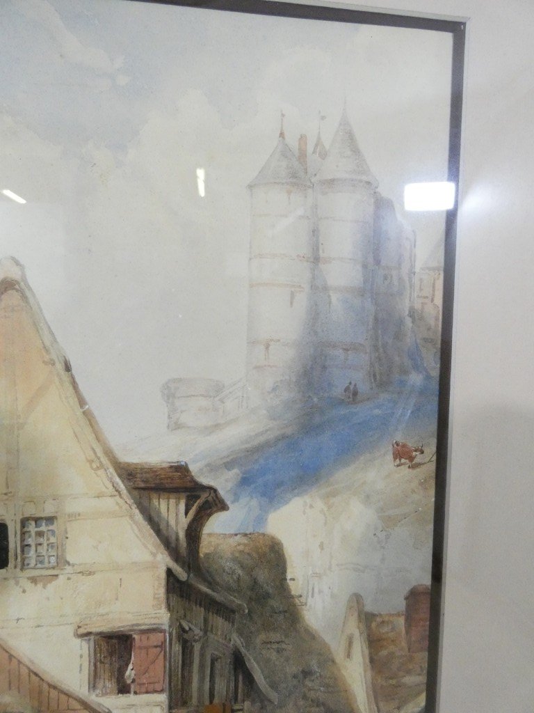 Grande aquarelle du XIXe siècle – Village médiéval animé en Normandie, chevaux et embarcations-photo-1