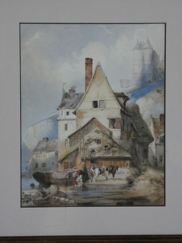 Grande aquarelle du XIXe siècle – Village médiéval animé en Normandie, chevaux et embarcations-photo-2