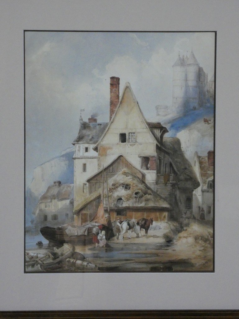 Grande aquarelle du XIXe siècle – Village médiéval animé en Normandie, chevaux et embarcations-photo-3