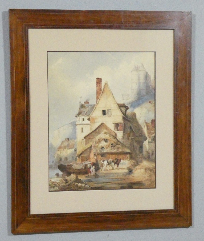 Grande aquarelle du XIXe siècle – Village médiéval animé en Normandie, chevaux et embarcations-photo-4