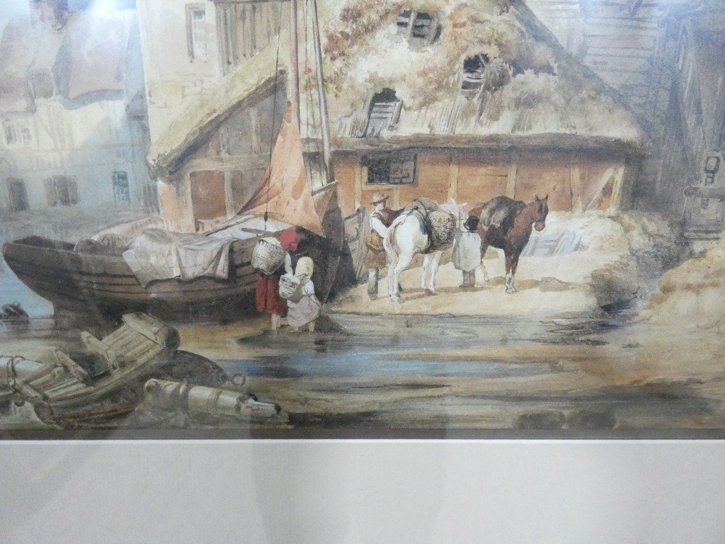 Grande aquarelle du XIXe siècle – Village médiéval animé en Normandie, chevaux et embarcations-photo-6