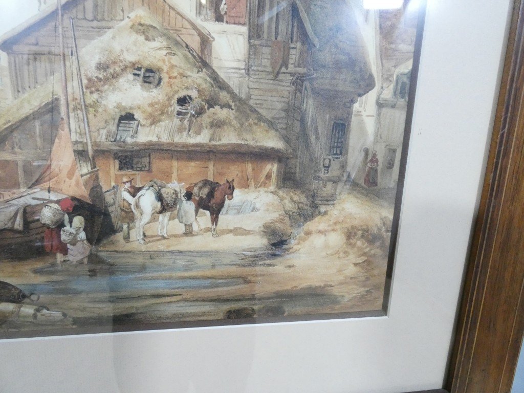 Grande aquarelle du XIXe siècle – Village médiéval animé en Normandie, chevaux et embarcations-photo-7
