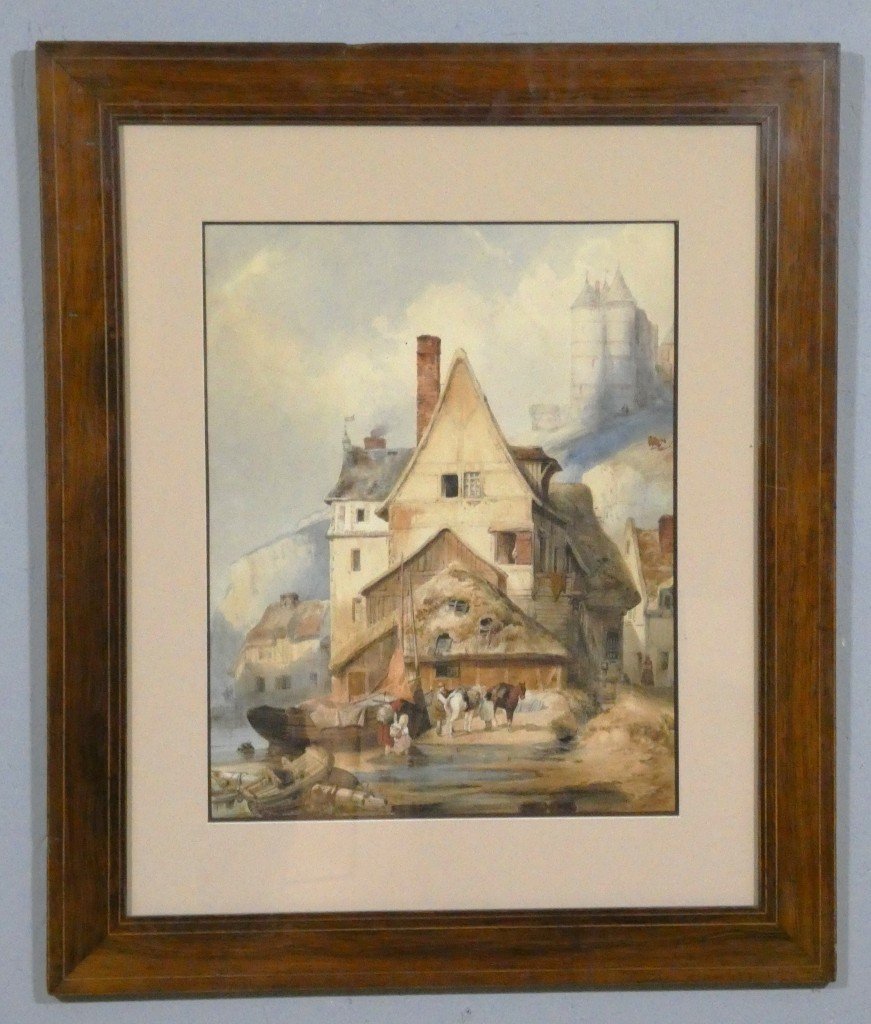 Grande aquarelle du XIXe siècle – Village médiéval animé en Normandie, chevaux et embarcations