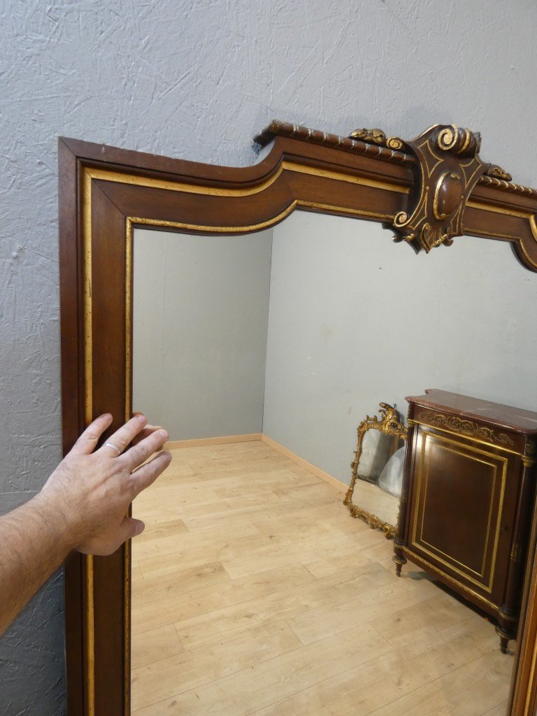 Large Antique Napoleon III-era Mirror In Carved Oak With Gilded Accents, 19th Century -photo-4
