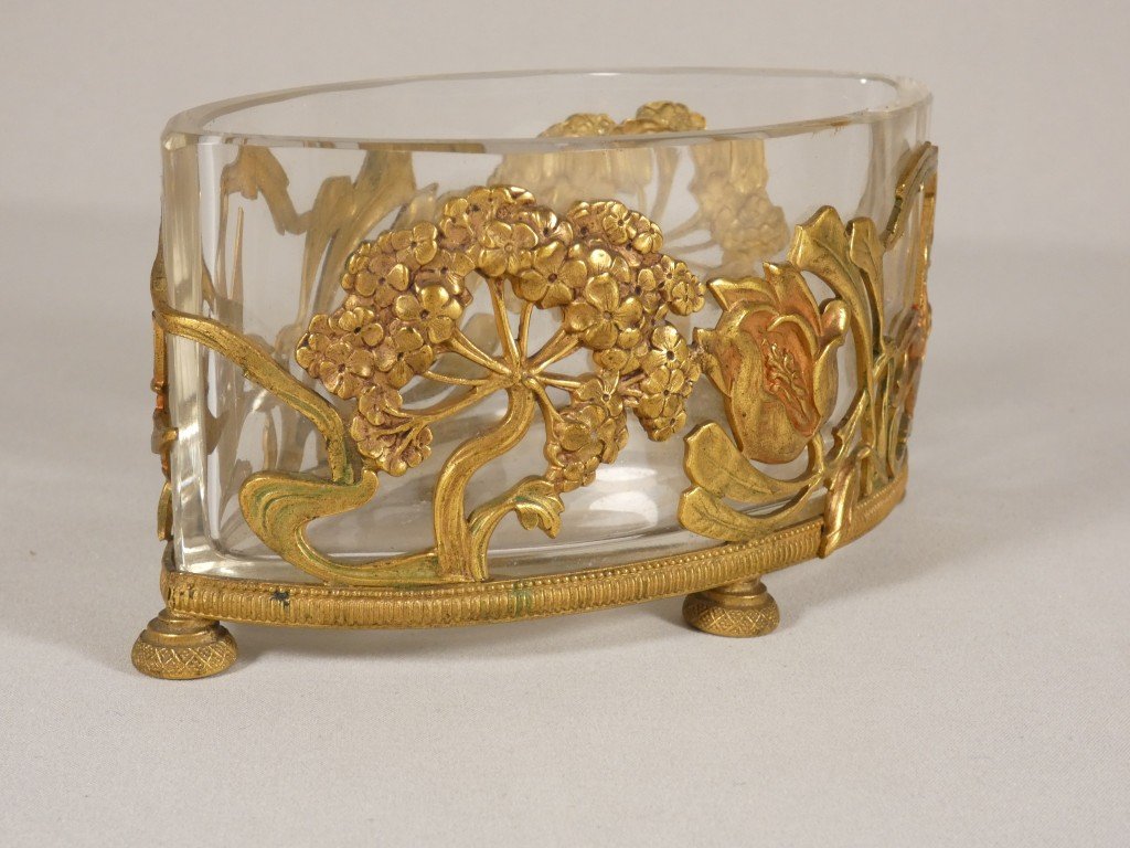 Petite jardinière de table ou centre de table Art nouveau en cristal et bronze doré – Vers 1900-photo-2