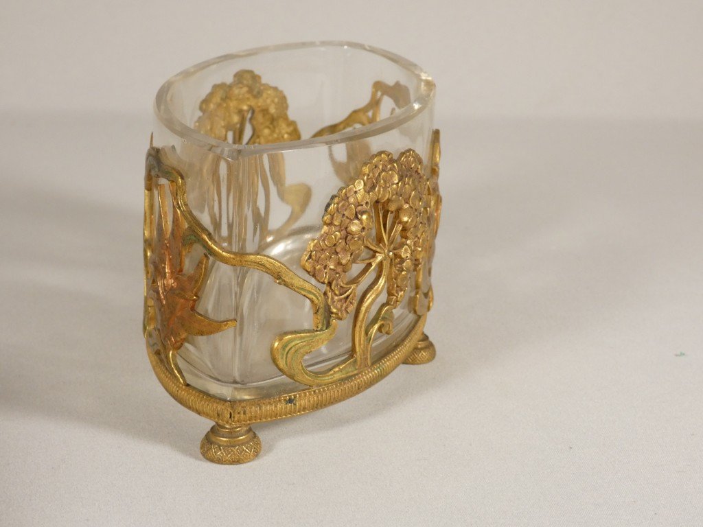 Petite jardinière de table ou centre de table Art nouveau en cristal et bronze doré – Vers 1900-photo-3