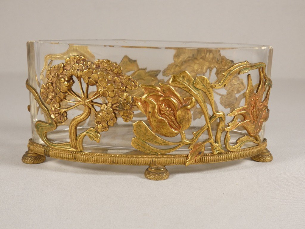 Petite jardinière de table ou centre de table Art nouveau en cristal et bronze doré – Vers 1900-photo-1