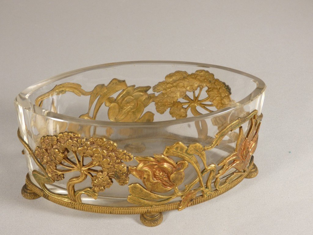 Petite jardinière de table ou centre de table Art nouveau en cristal et bronze doré – Vers 1900-photo-2