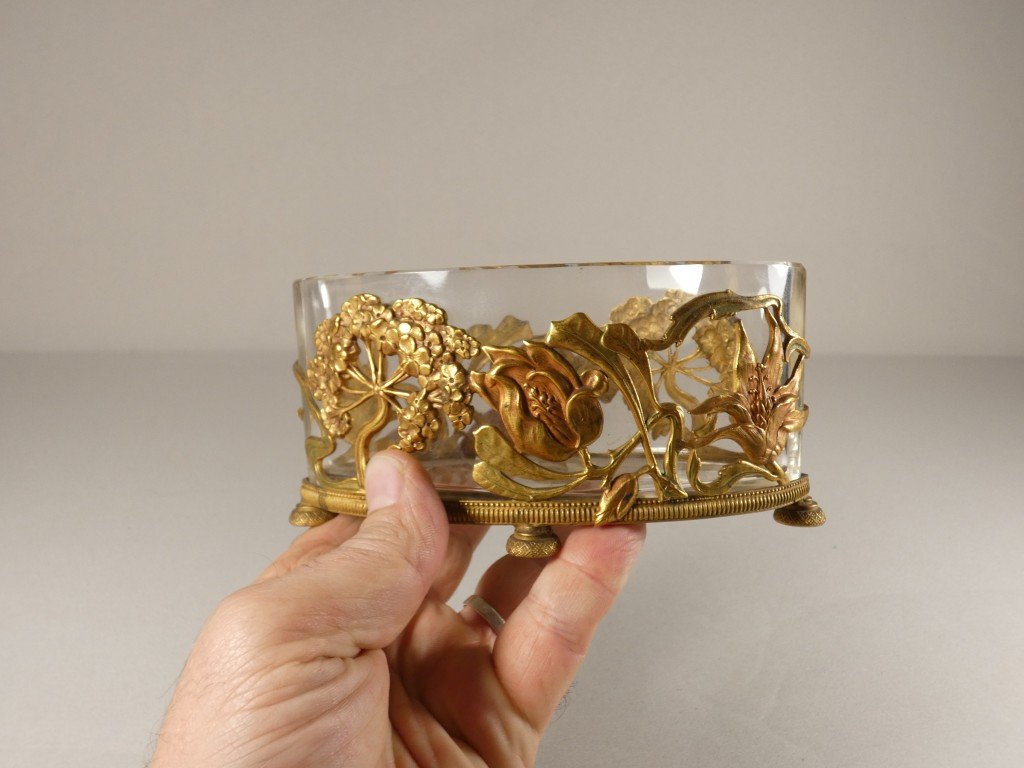 Petite jardinière de table ou centre de table Art nouveau en cristal et bronze doré – Vers 1900-photo-3