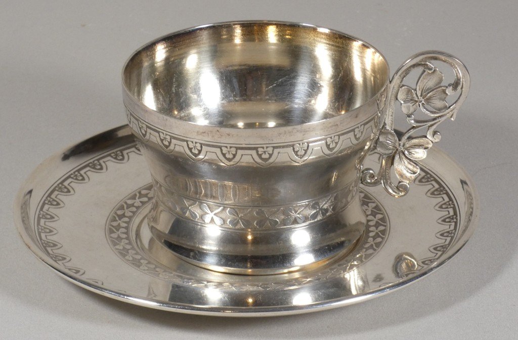 Tasse à chocolat et sa soucoupe en argent massif – Orfèvre Roussel – Décor de trèfles – XIXe si-photo-3