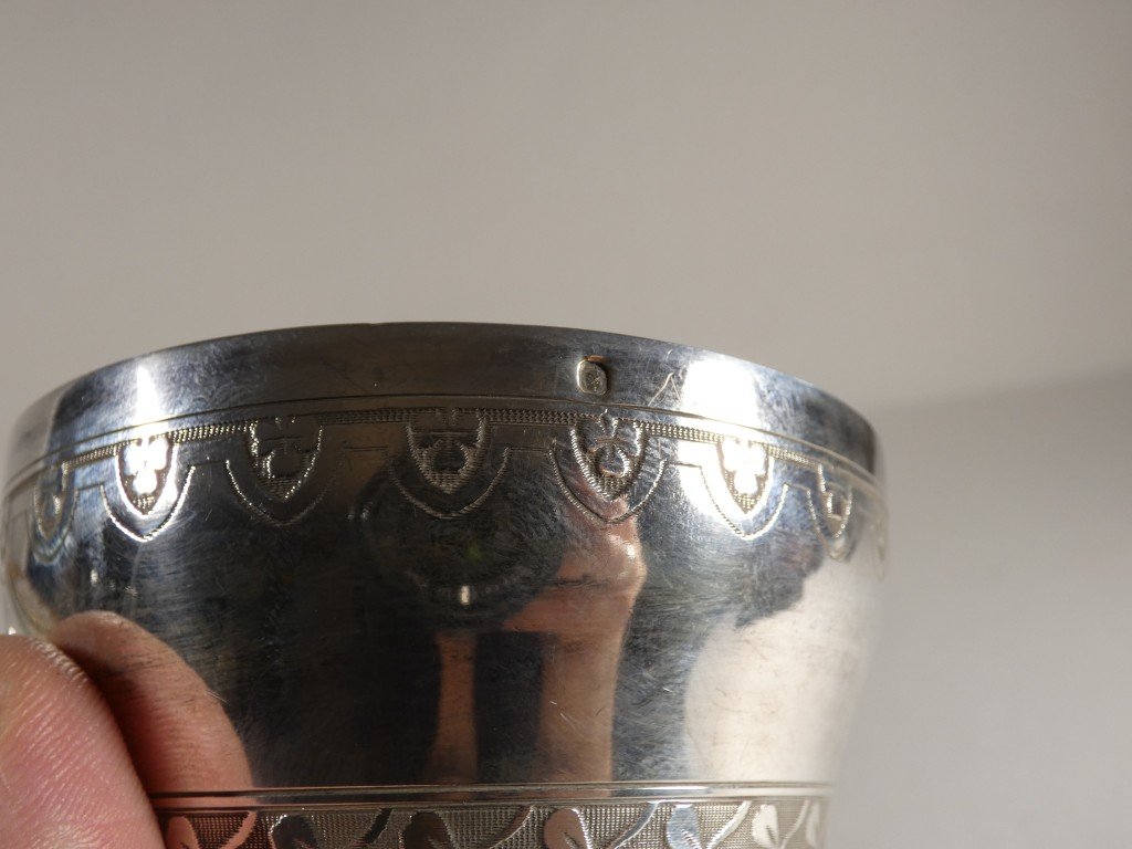 Tasse à chocolat et sa soucoupe en argent massif – Orfèvre Roussel – Décor de trèfles – XIXe si-photo-3