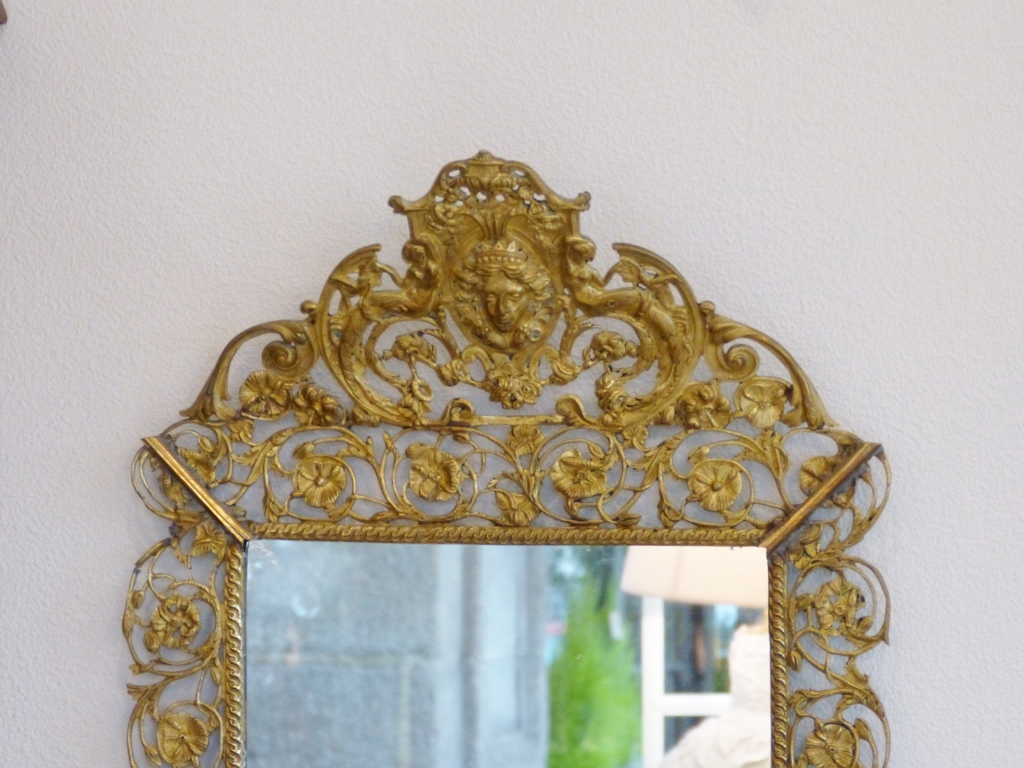 Miroir De Style Louis XIV En Bronze Doré, Décor De Fleurs, Mascarons Et Femmes, époque XIX ème-photo-2