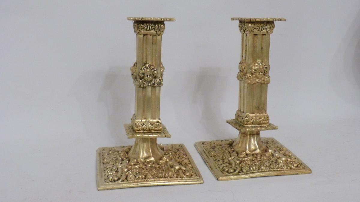 Pair Of Candlesticks Candlesticks In The Financial Decor Of Cherubs, Haute Epoque Style, XIX