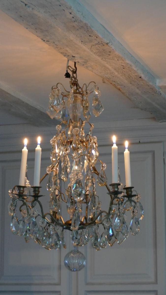 Bronze Argenté, Lustre Cage à Pampilles De Cristal, Baccarat, Début XX ème