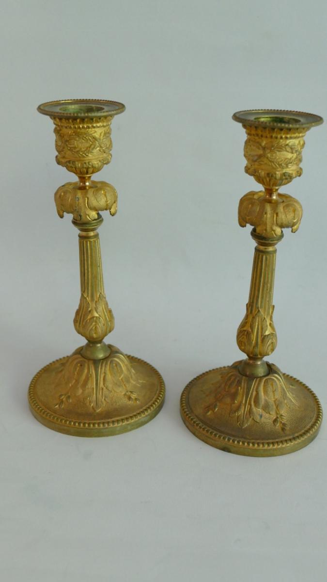 Pair Of Candlesticks Louis XVI Gilt Bronze, Time XIX