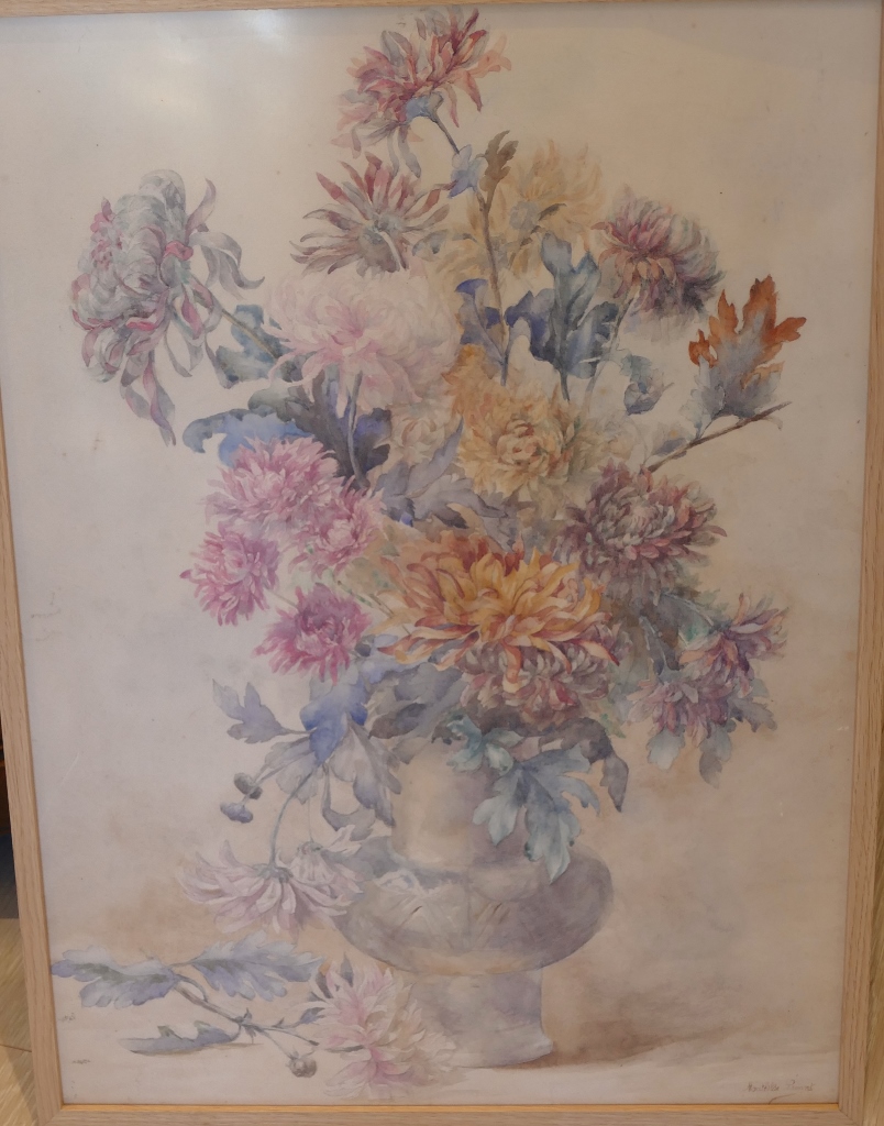 Bouquet Of Chrysanthemums, Watercolor Signed Mathilde Levant