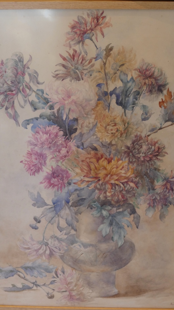 Bouquet Of Chrysanthemums, Watercolor Signed Mathilde Levant-photo-2