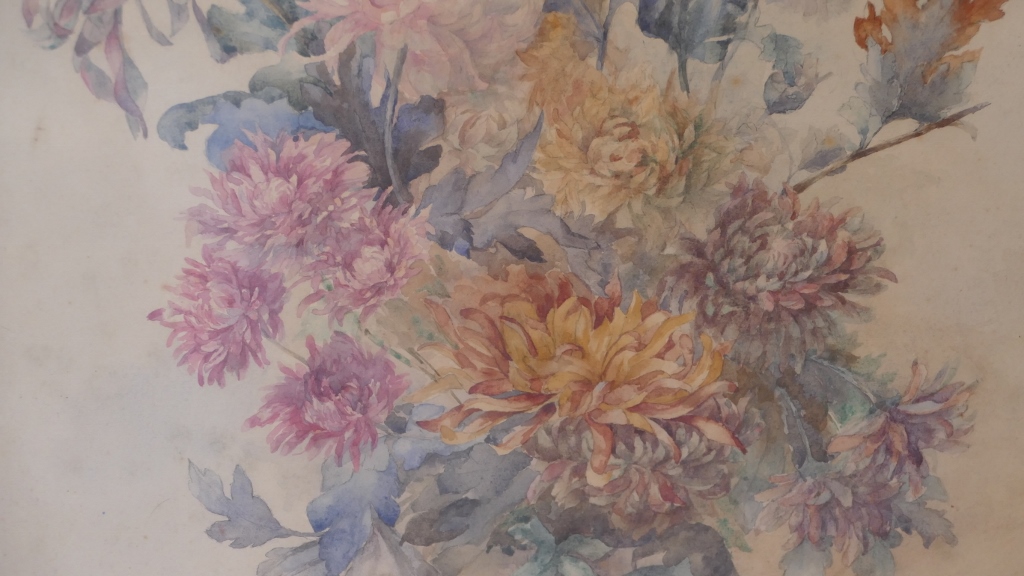 Bouquet Of Chrysanthemums, Watercolor Signed Mathilde Levant-photo-4