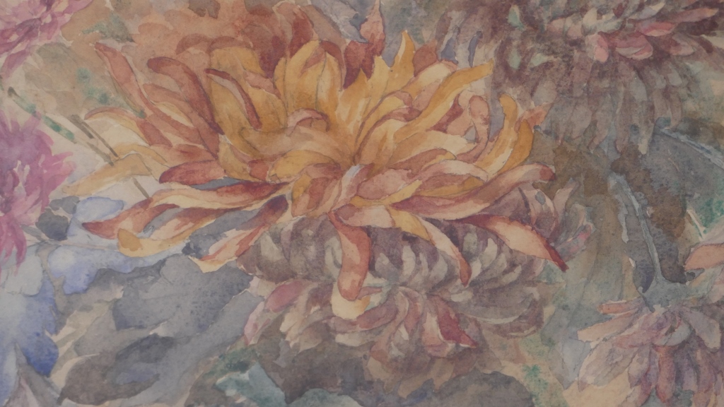 Bouquet Of Chrysanthemums, Watercolor Signed Mathilde Levant-photo-4