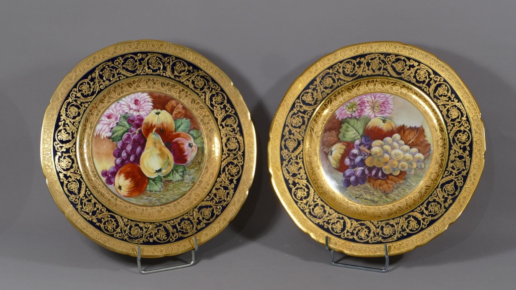 Duo Of Porcelain Decorative Plates Hand Painted Flowers And Fruit, Gold Inlay