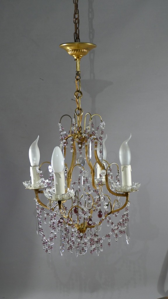 Lustre En Bronze Et Pampilles Perles Et Gouttes Violettes, époque Vers 1920