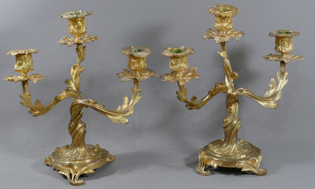Pair Of Candlesticks Rocaille Louis XV In Gilt Bronze 3 Fires, Time XIX