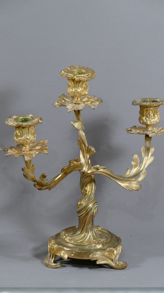 Pair Of Candlesticks Rocaille Louis XV In Gilt Bronze 3 Fires, Time XIX-photo-2