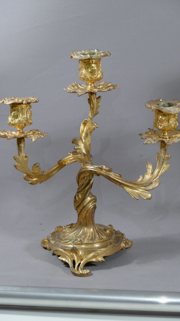 Pair Of Candlesticks Rocaille Louis XV In Gilt Bronze 3 Fires, Time XIX-photo-3