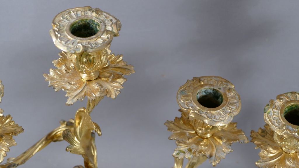 Pair Of Candlesticks Rocaille Louis XV In Gilt Bronze 3 Fires, Time XIX-photo-4