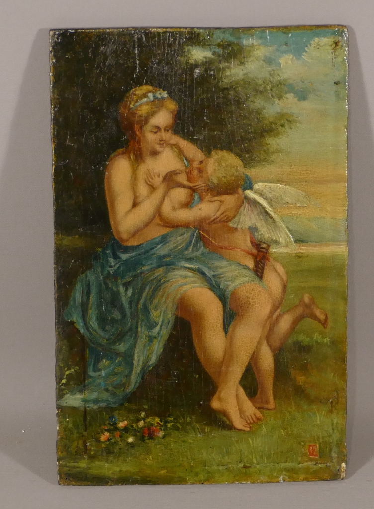 Peinture Sur Bois, Femme Et Angelot, époque XIX ème 