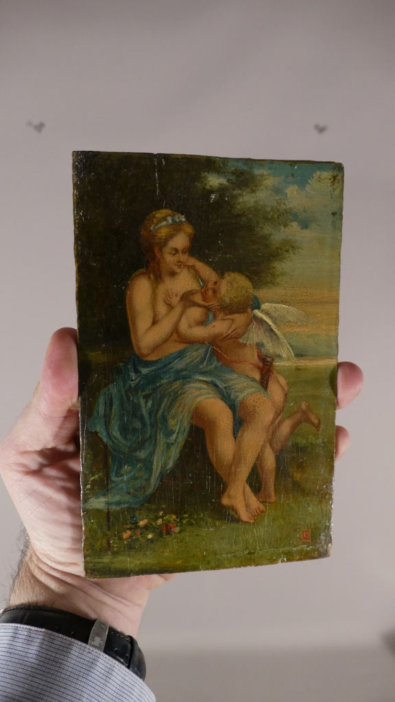 Peinture Sur Bois, Femme Et Angelot, époque XIX ème -photo-1