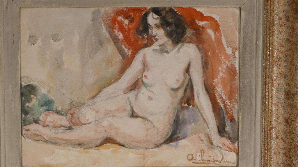 Nu Féminin, Aquarelle Signée Et Encadrée Cadre Moucheté, époque Vers 1940-1950-photo-2