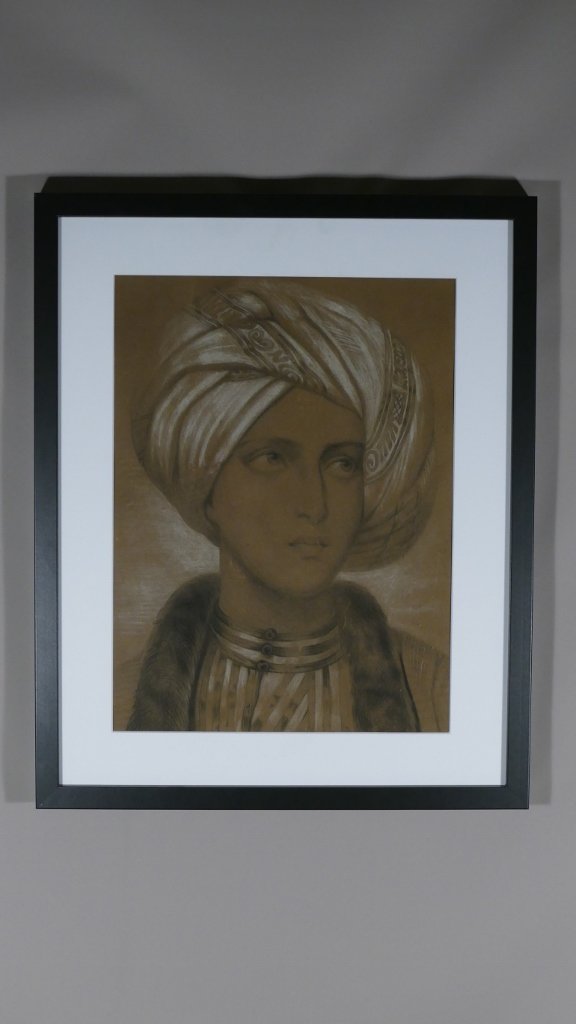 Orientalist, Young Man In Turban, Drawing Charcoal And Chalk, Middle Nineteenth-photo-2