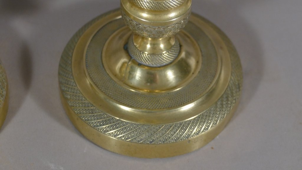 Pair Of Candlesticks In Guilloché Bronze Directoire Period, End Eighteenth Century-photo-4