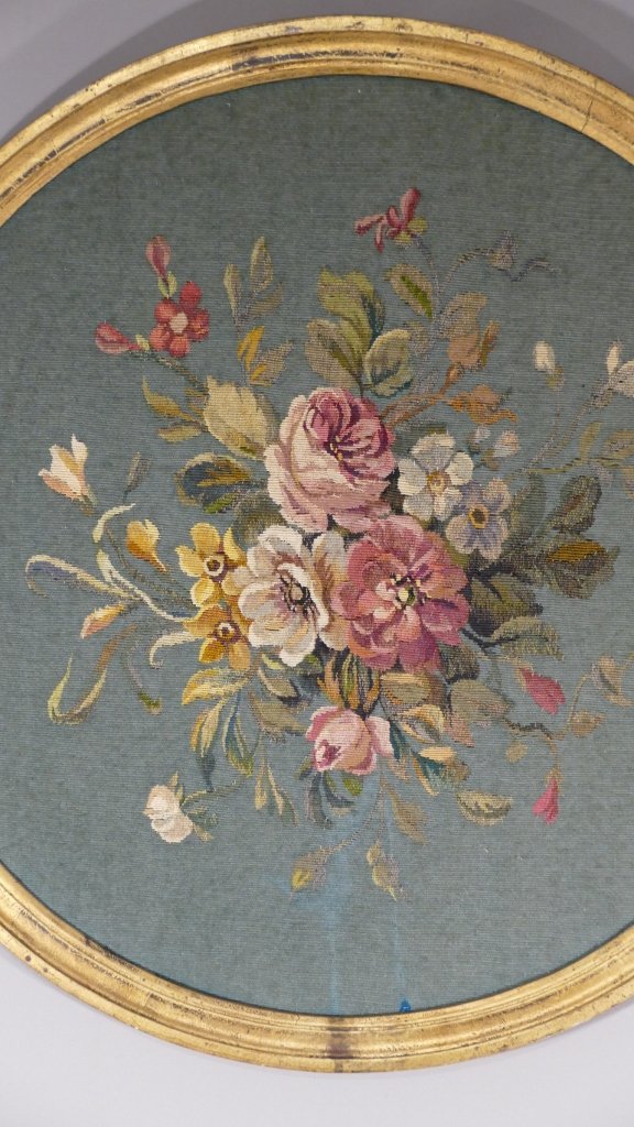 Bouquet Of Flowers, Tondo Small Tapestry, 1/2 A Pair, Early Twentieth Time-photo-2