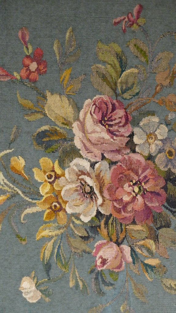 Bouquet Of Flowers, Tondo Small Tapestry, 1/2 A Pair, Early Twentieth Time-photo-4