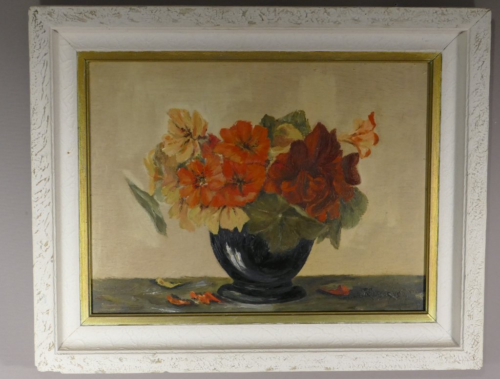 Oil On Panel, Still Life With Bouquet Capucines, Signed M. Larocque
