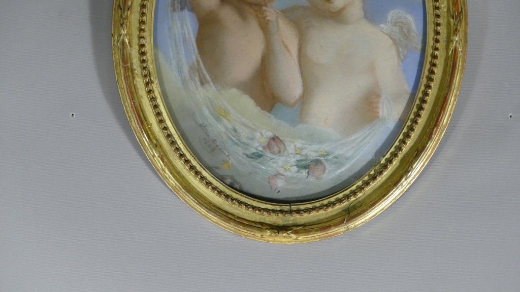 Pastel XIX, Two Angelots Signed Cécile Boisard, 1863, Louis XVI Frame-photo-1
