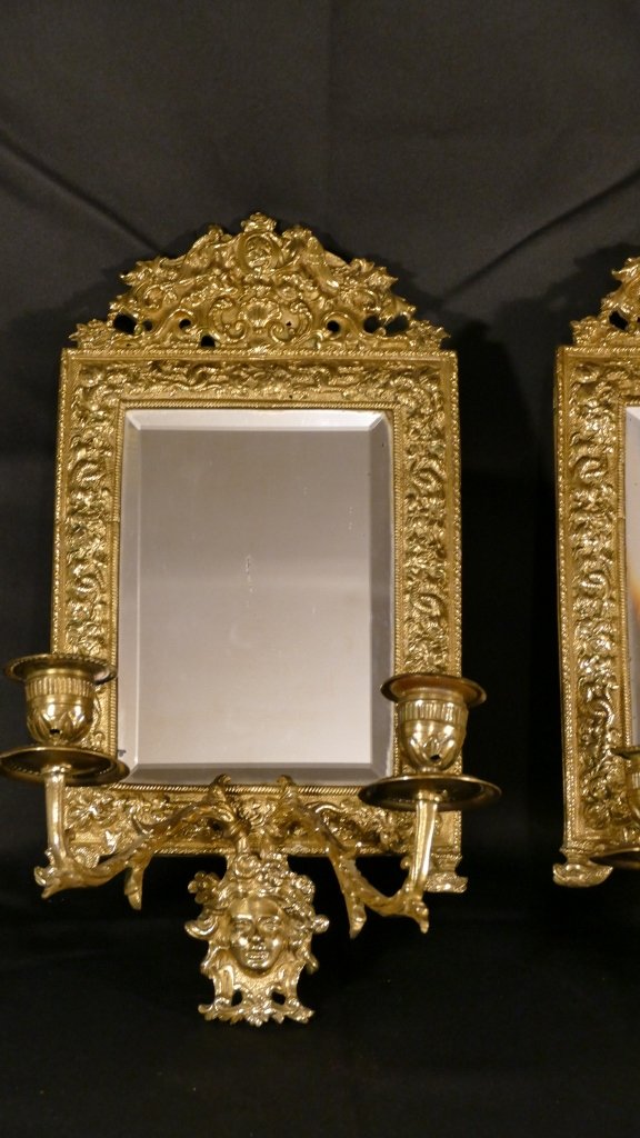 Pair Of Double Wall Sconces Mirror Napoleon III Gilt Bronze, Mascaron, XIX-photo-3