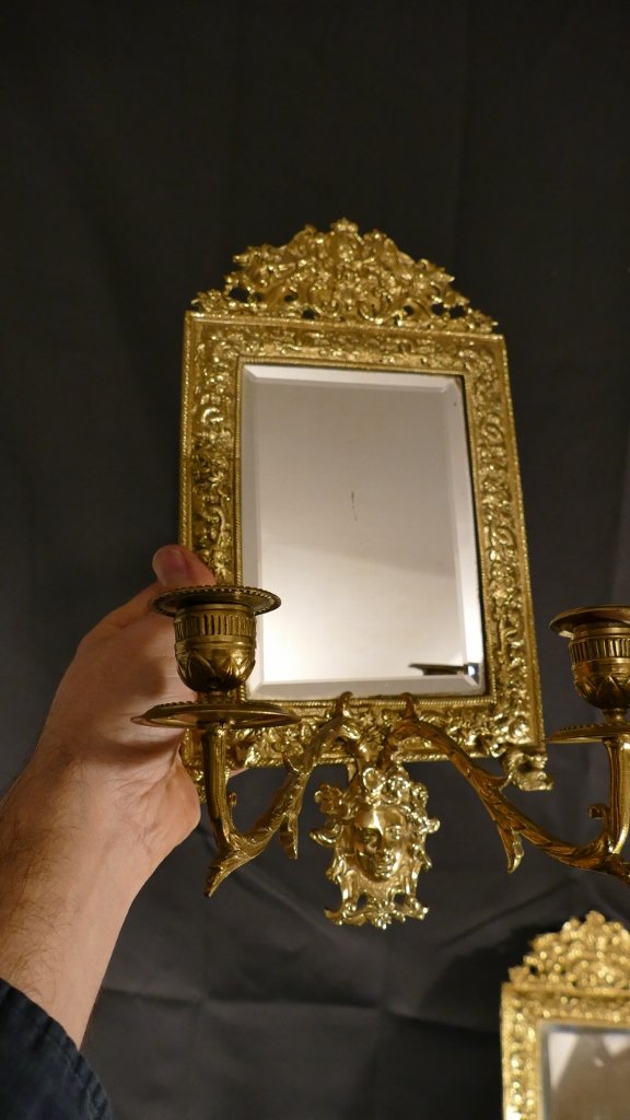 Pair Of Double Wall Sconces Mirror Napoleon III Gilt Bronze, Mascaron, XIX-photo-2
