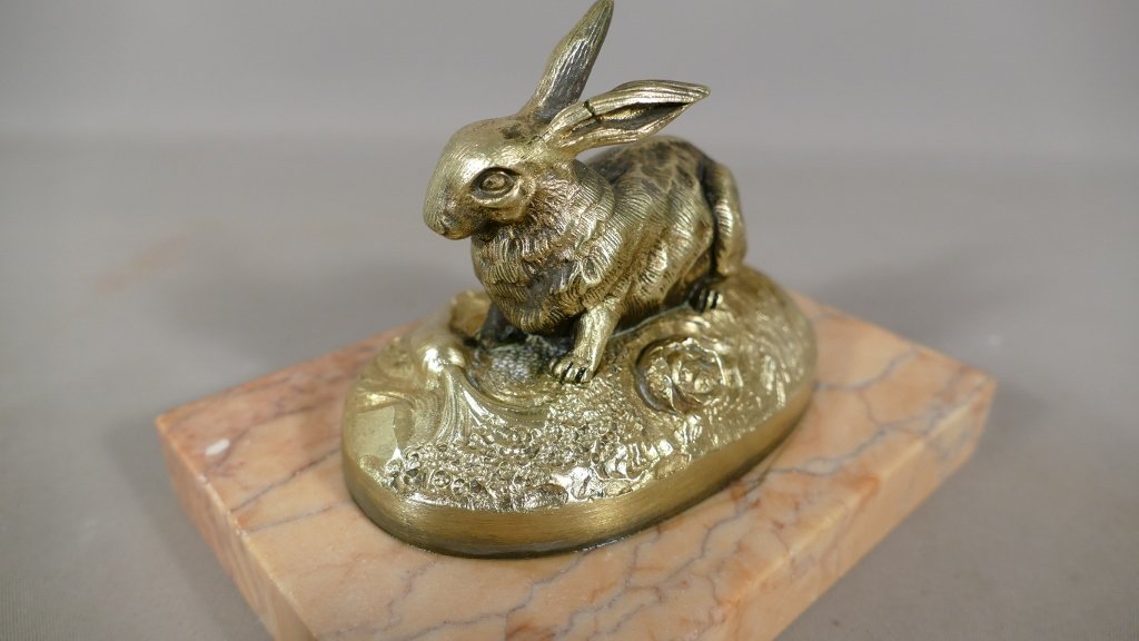 Animal Bronze, Rabbit Statuette With Carrot And Salad, In The Taste Of Lead, Barye, XIX-photo-2