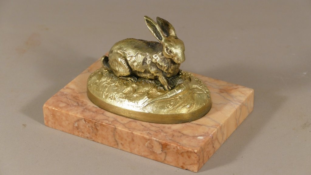 Animal Bronze, Rabbit Statuette With Carrot And Salad, In The Taste Of Lead, Barye, XIX