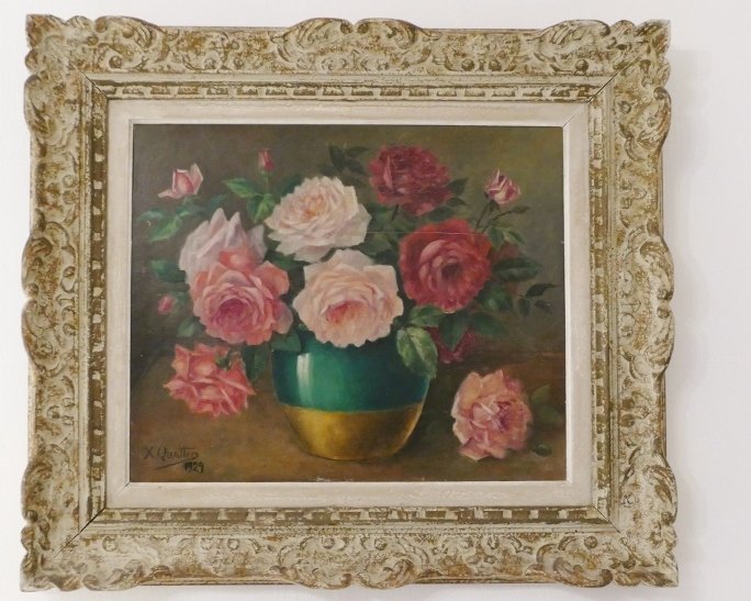 Les Roses, Oil On Panel Signed X Quatter, Dated 1929, Frame Montparnasse