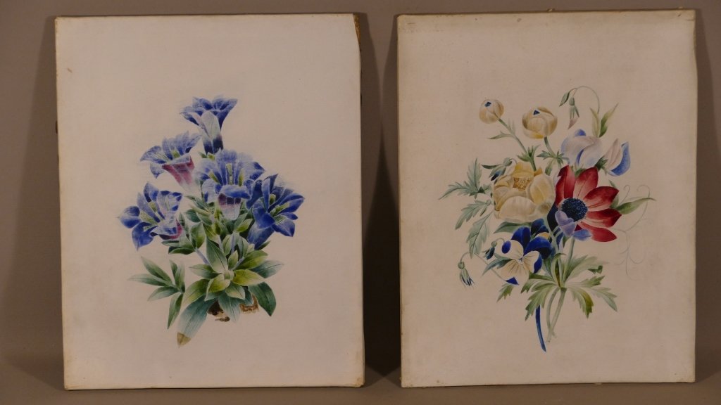 Pair Of Gouaches On Velin, Bouquets Of Flowers, Charles X Period