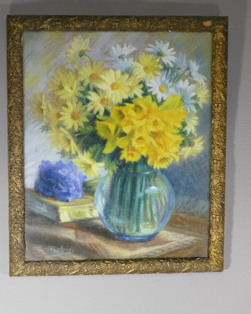 Vive Le Printemps!! Les Jonquilles Et Marguerites, Nature Morte Au Pastel, Signée E Robin