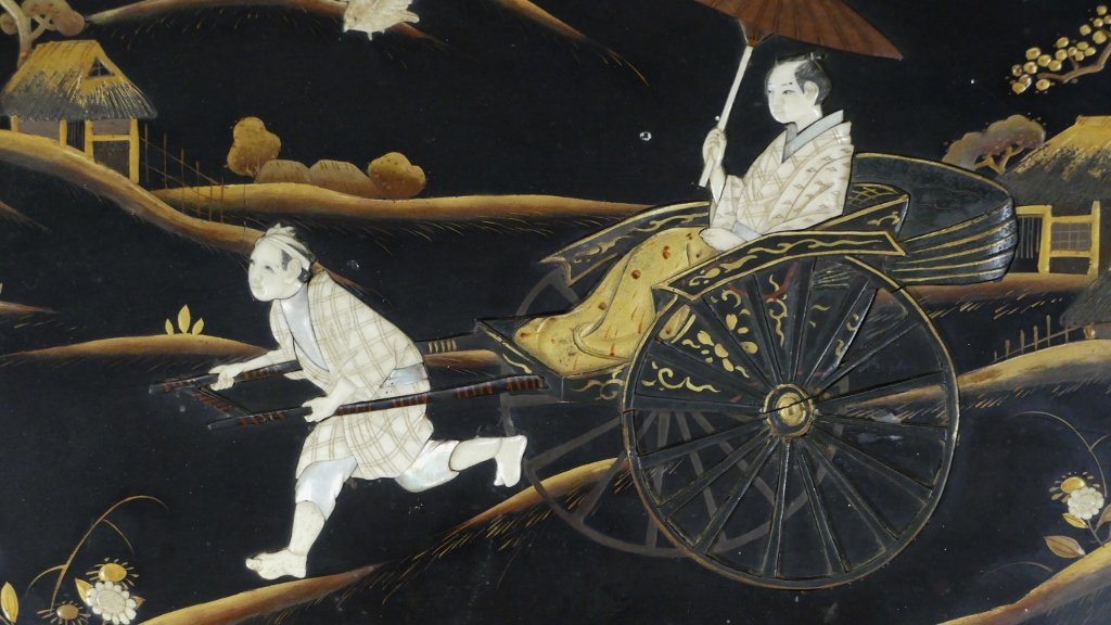 Lacquer Panel, Ivory And Mother Of Pearl, Rickshaw Scene, Japan, End XIX-photo-3