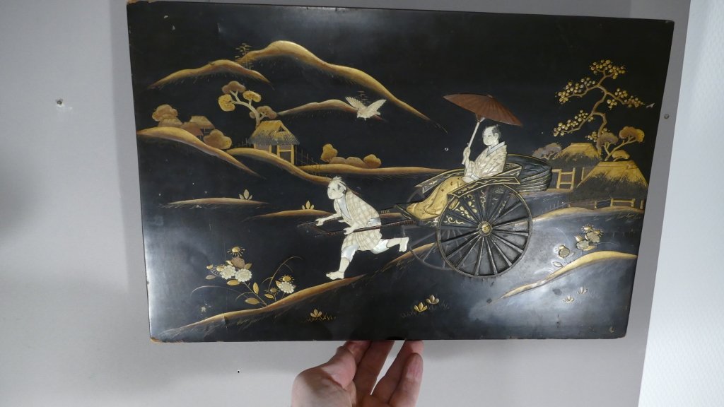 Lacquer Panel, Ivory And Mother Of Pearl, Rickshaw Scene, Japan, End XIX-photo-4