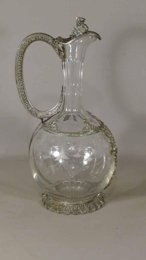 Aiguière En Cristal Gravé Et Monture Filigrané En Métal Argenté, époque XIX ème