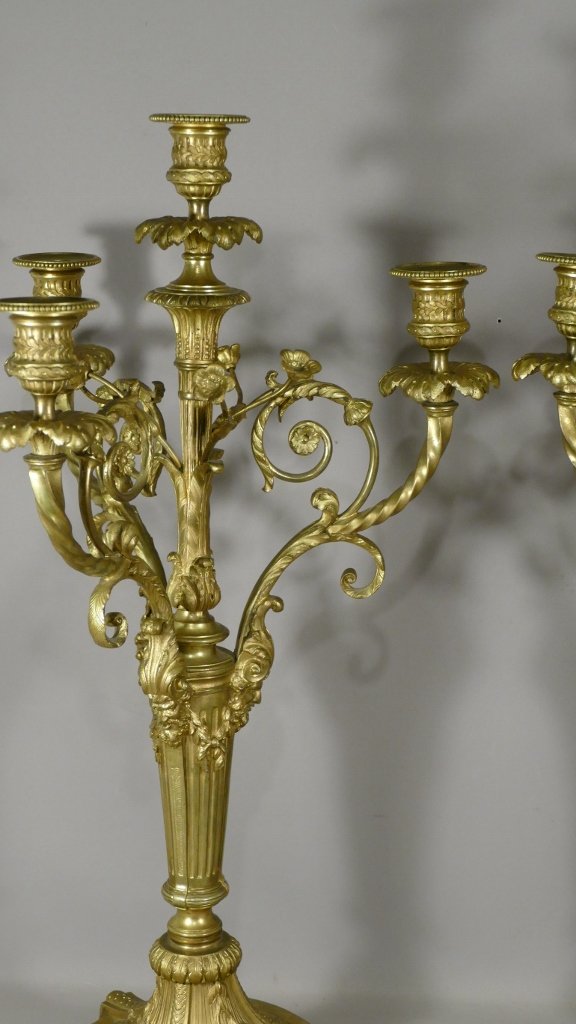 Paire De Chandeliers Candélabres Style Louis XVI En Bronze Doré, époque Napoléon III-photo-2