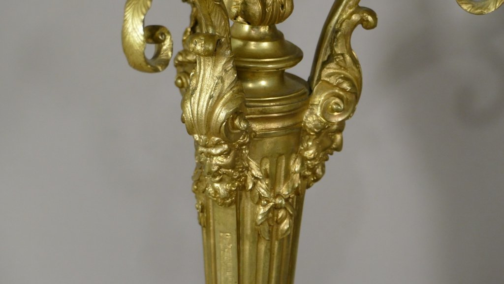 Pair Of Louis XVI Style Candelabra Candlesticks In Gilt Bronze, Napoleon III Period-photo-2